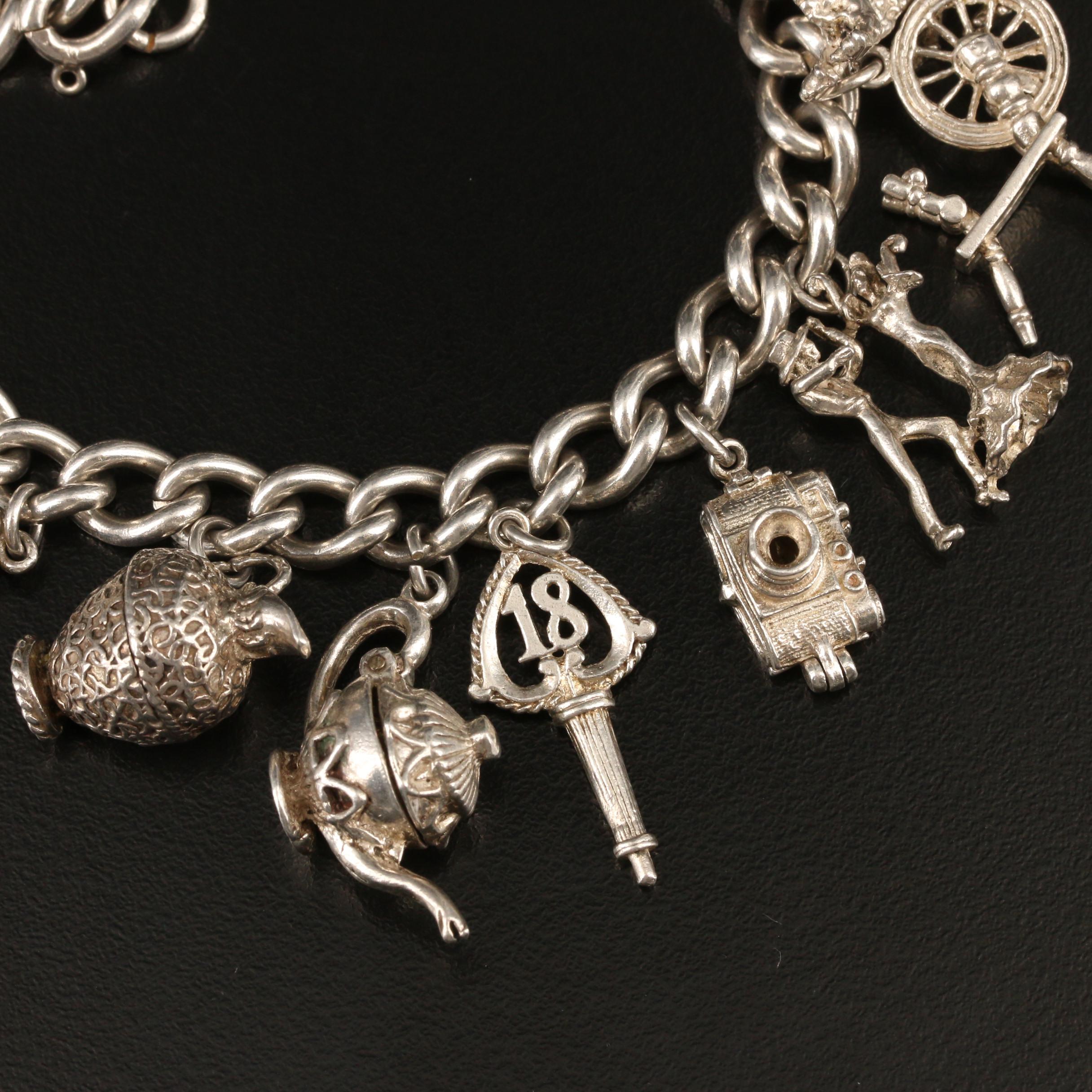 Sterling Charm Bracelet With Rhinestone Accents