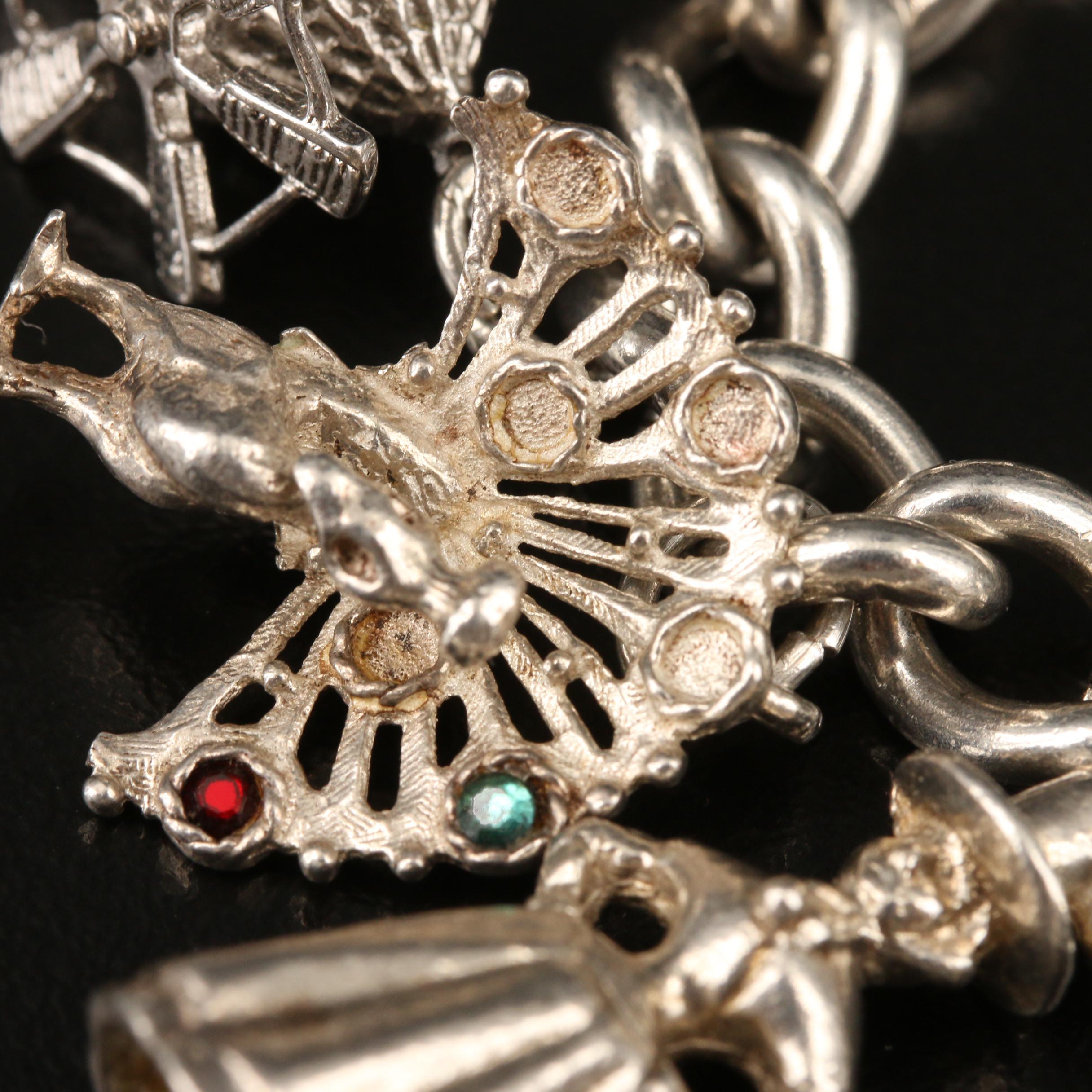 Sterling Charm Bracelet With Rhinestone Accents