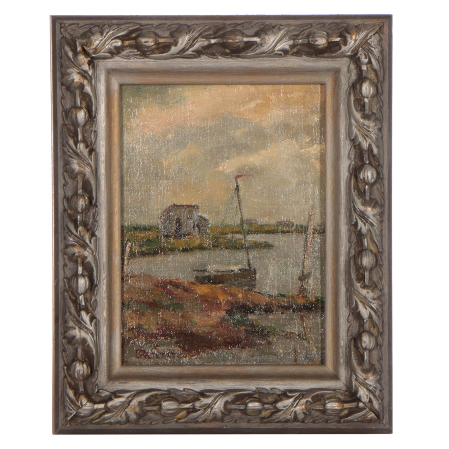 Landscape Oil Painting With Sailboat, Early 20th Century