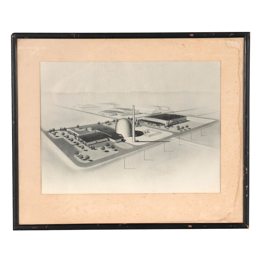 Lithograph of Building Architecture, Mid to Late 20th Century