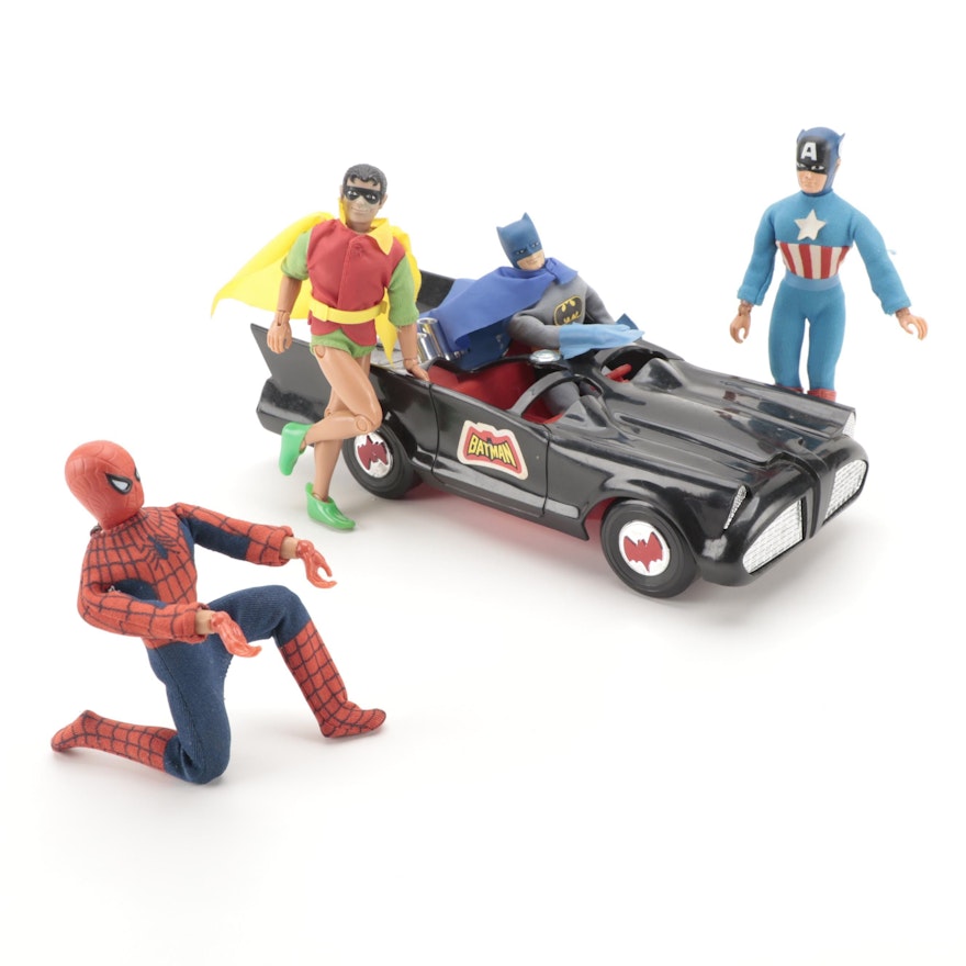 Mego Batman, Robin, Spiderman, and Captain America Dolls with Batmobile, 1974