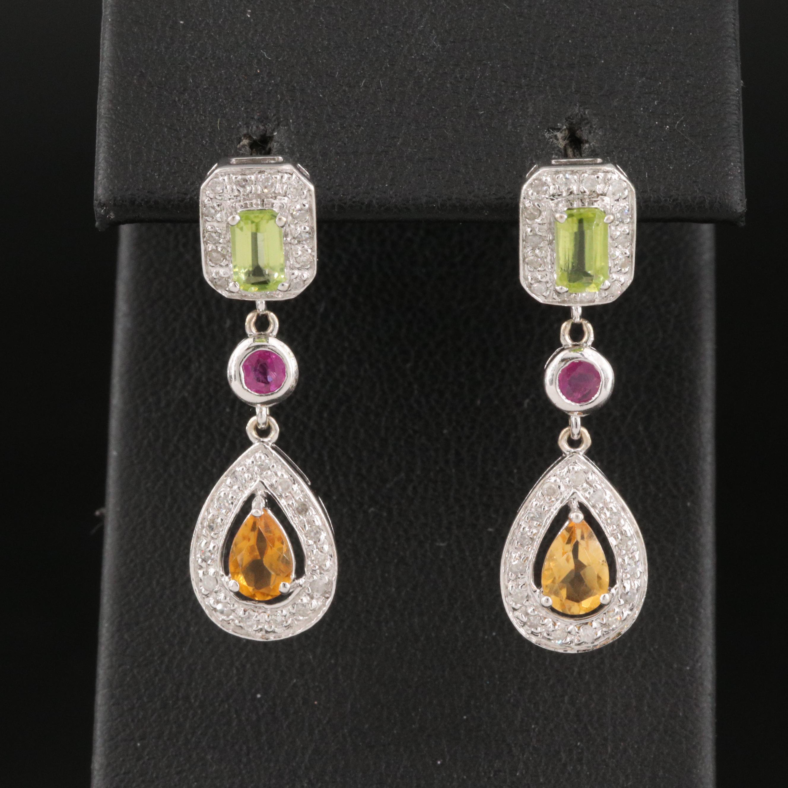 14K Citrine, Peridot, Ruby and Diamond Earrings