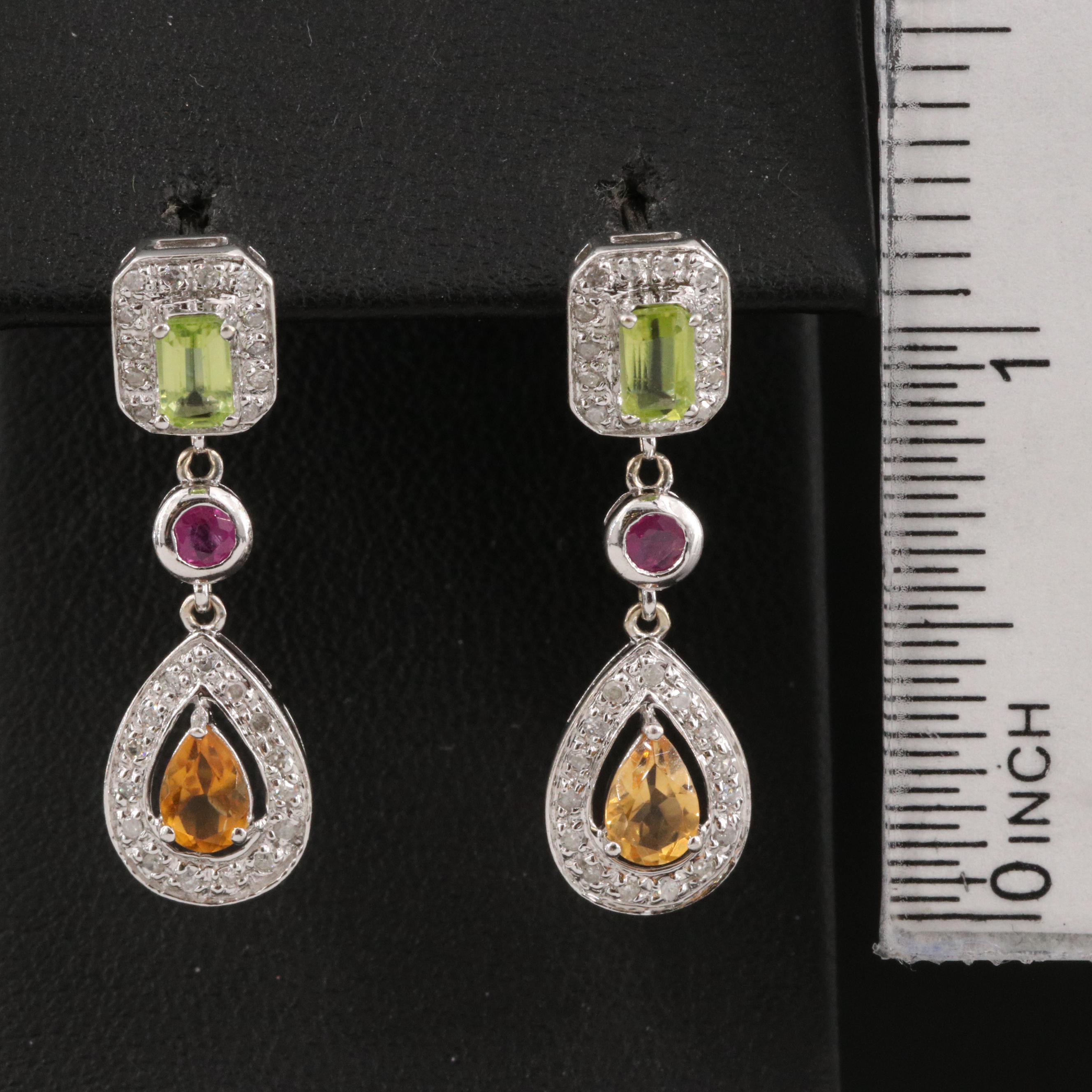 14K Citrine, Peridot, Ruby and Diamond Earrings