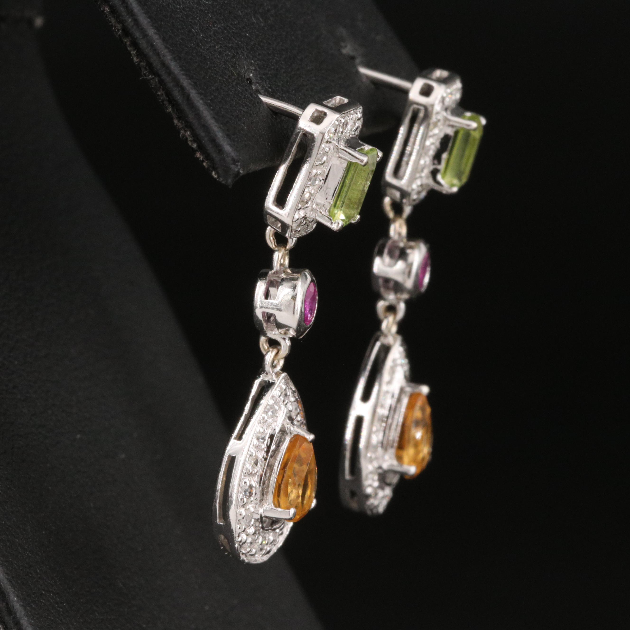 14K Citrine, Peridot, Ruby and Diamond Earrings