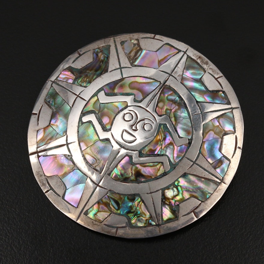 Mexican Sterling Abalone Inlay Converter Brooch