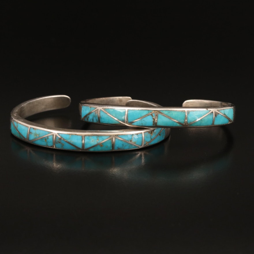 Western Style Sterling Turquoise Inlay Cuffs
