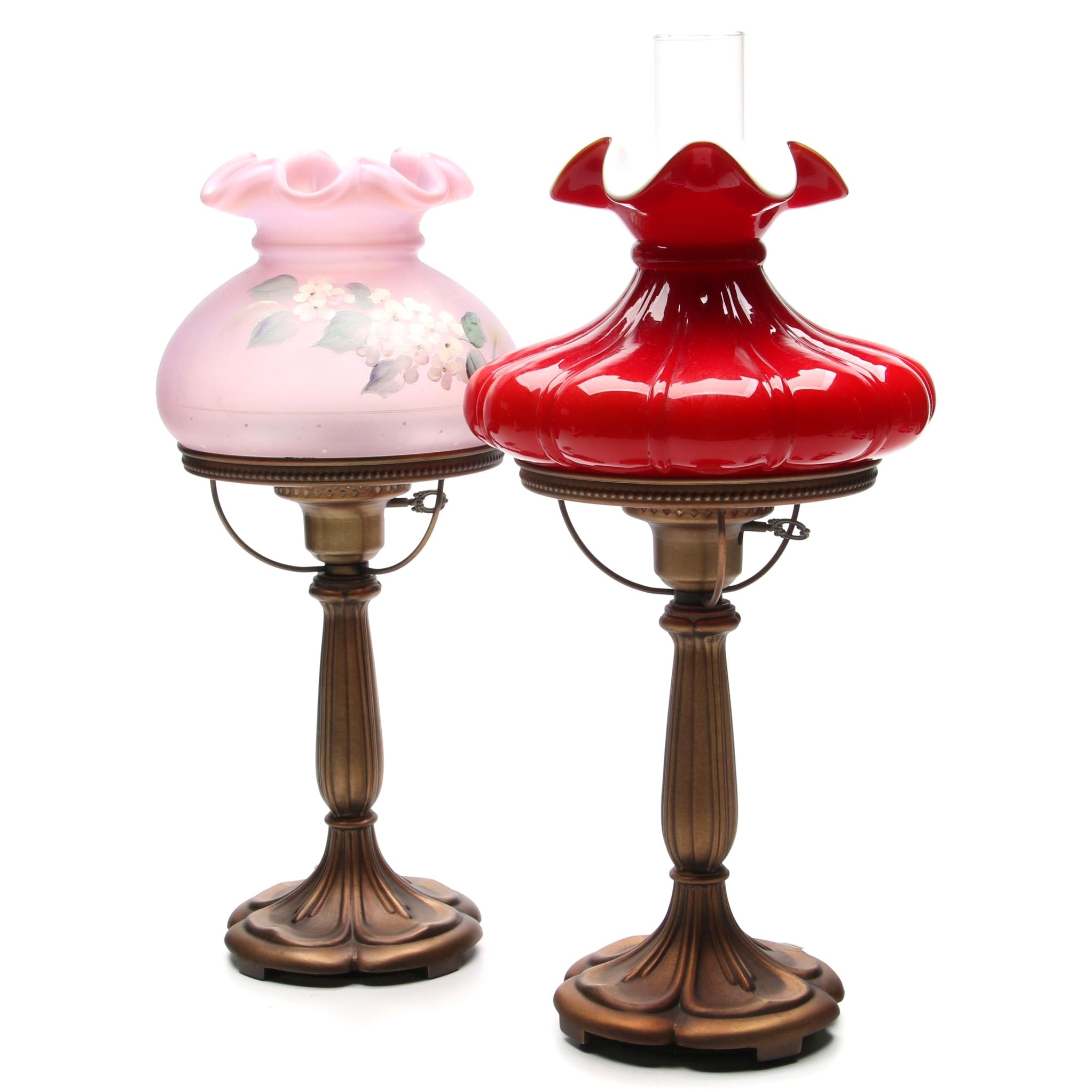 Fenton Hand-Painted Pink Satin Glass Table Lamp with Ruby Cased Lamp