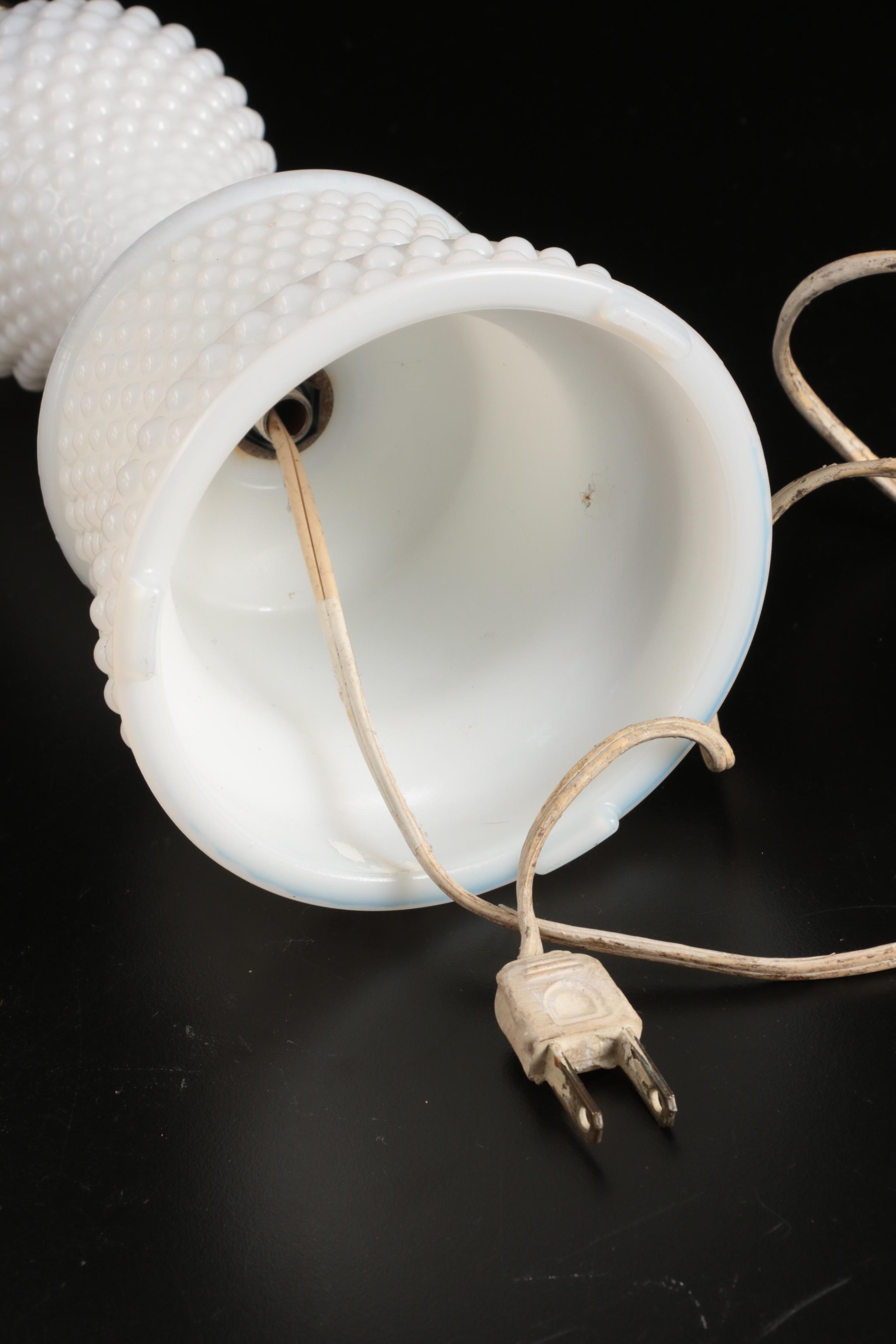 Vintage Milk Glass Hobnail Table Lamp, Lamp Shades and Table Accessories