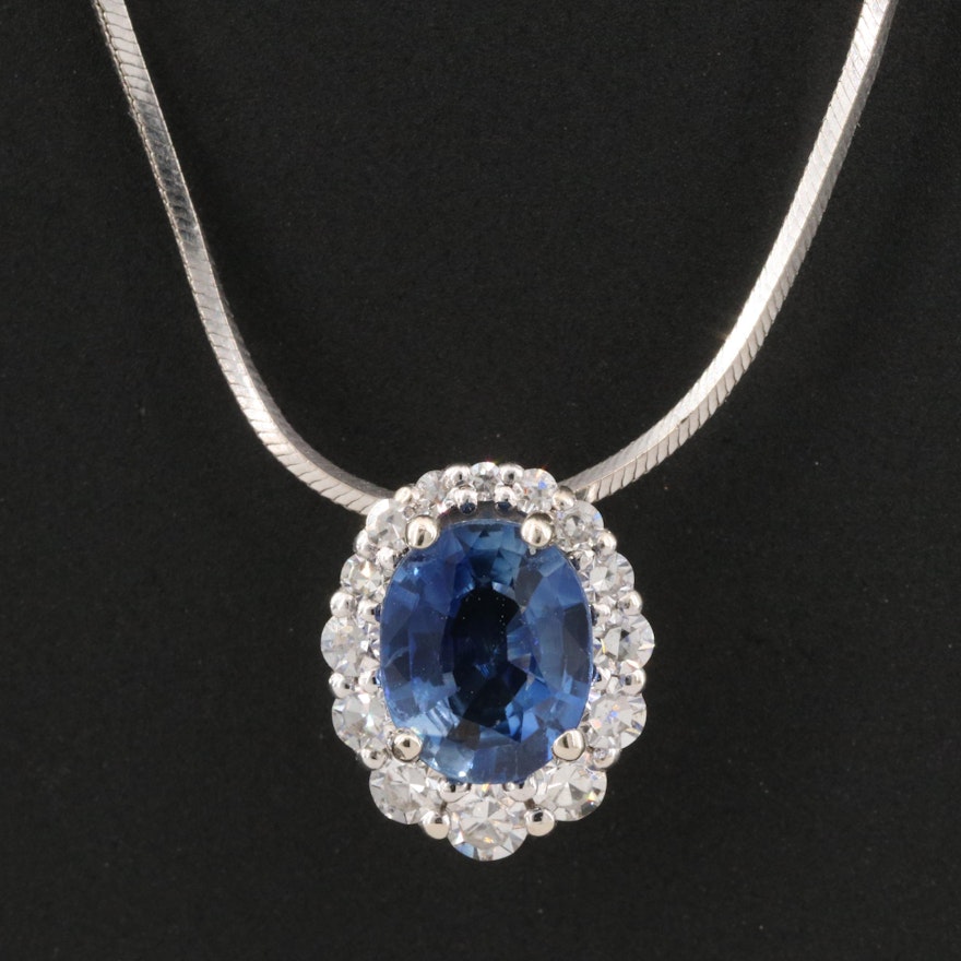 Italian 14K Sapphire and Diamond Halo Pendant Necklace