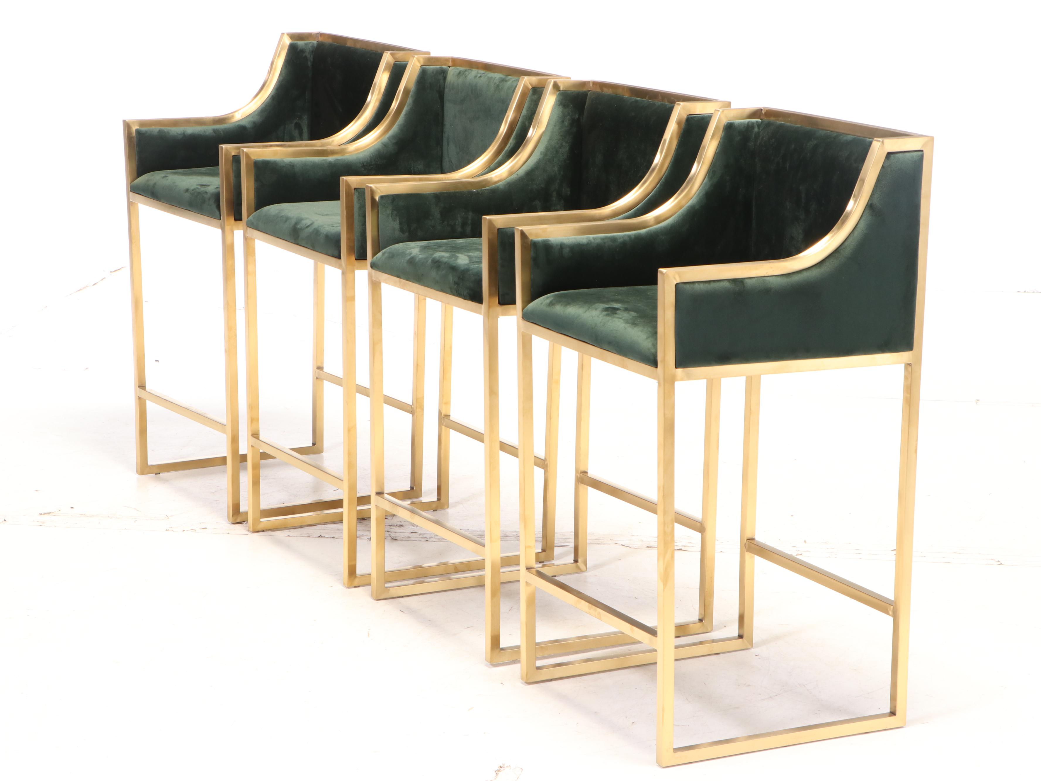 Four Brass and Emerald Green-Upholstered Counter-Height Bar Stools