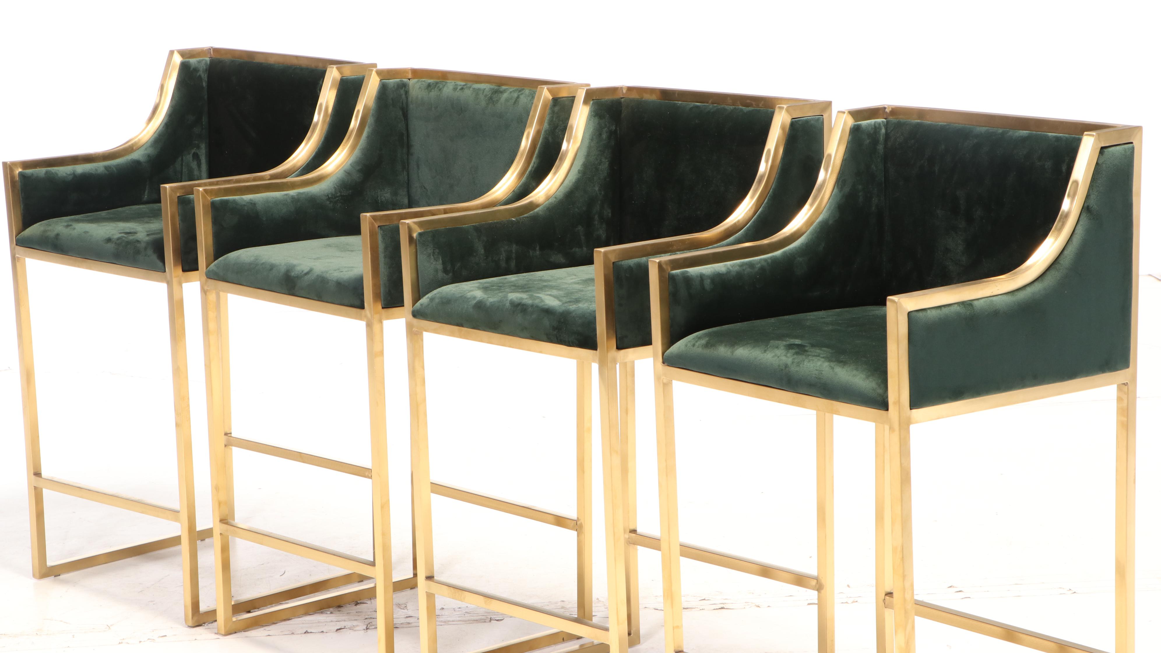 Four Brass and Emerald Green-Upholstered Counter-Height Bar Stools