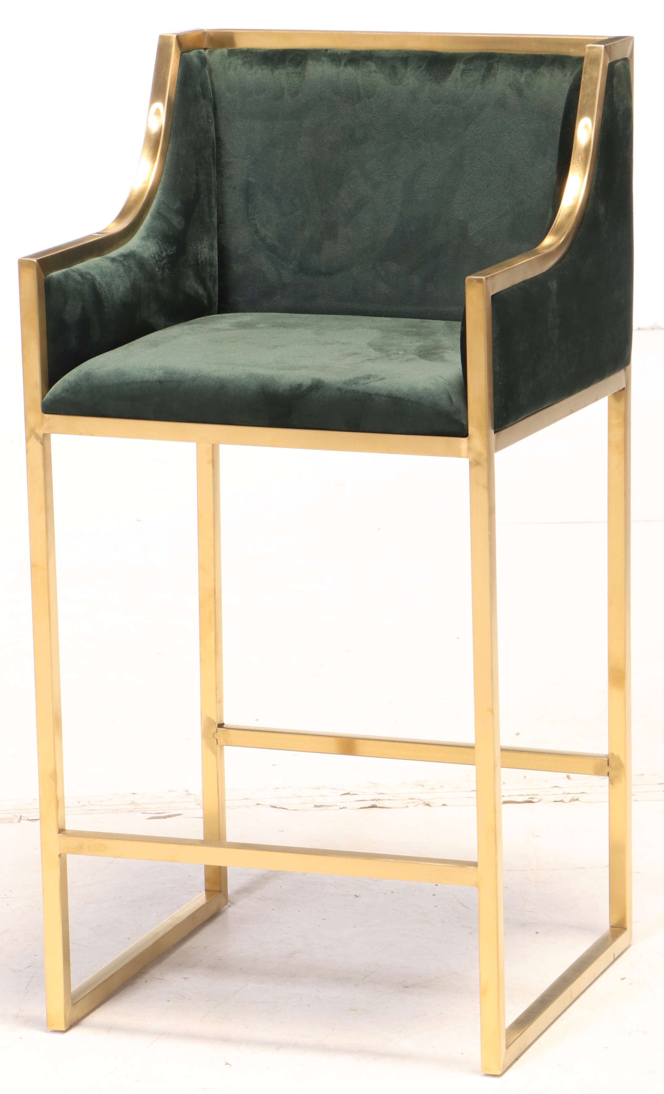 Four Brass and Emerald Green-Upholstered Counter-Height Bar Stools