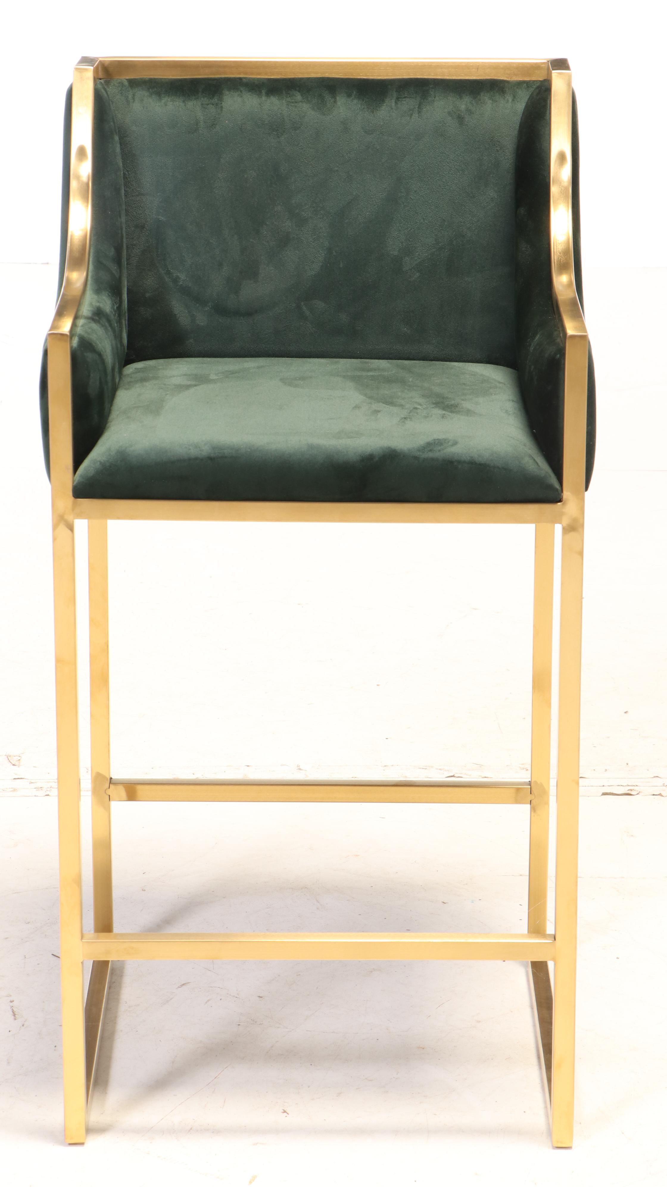 Four Brass and Emerald Green-Upholstered Counter-Height Bar Stools