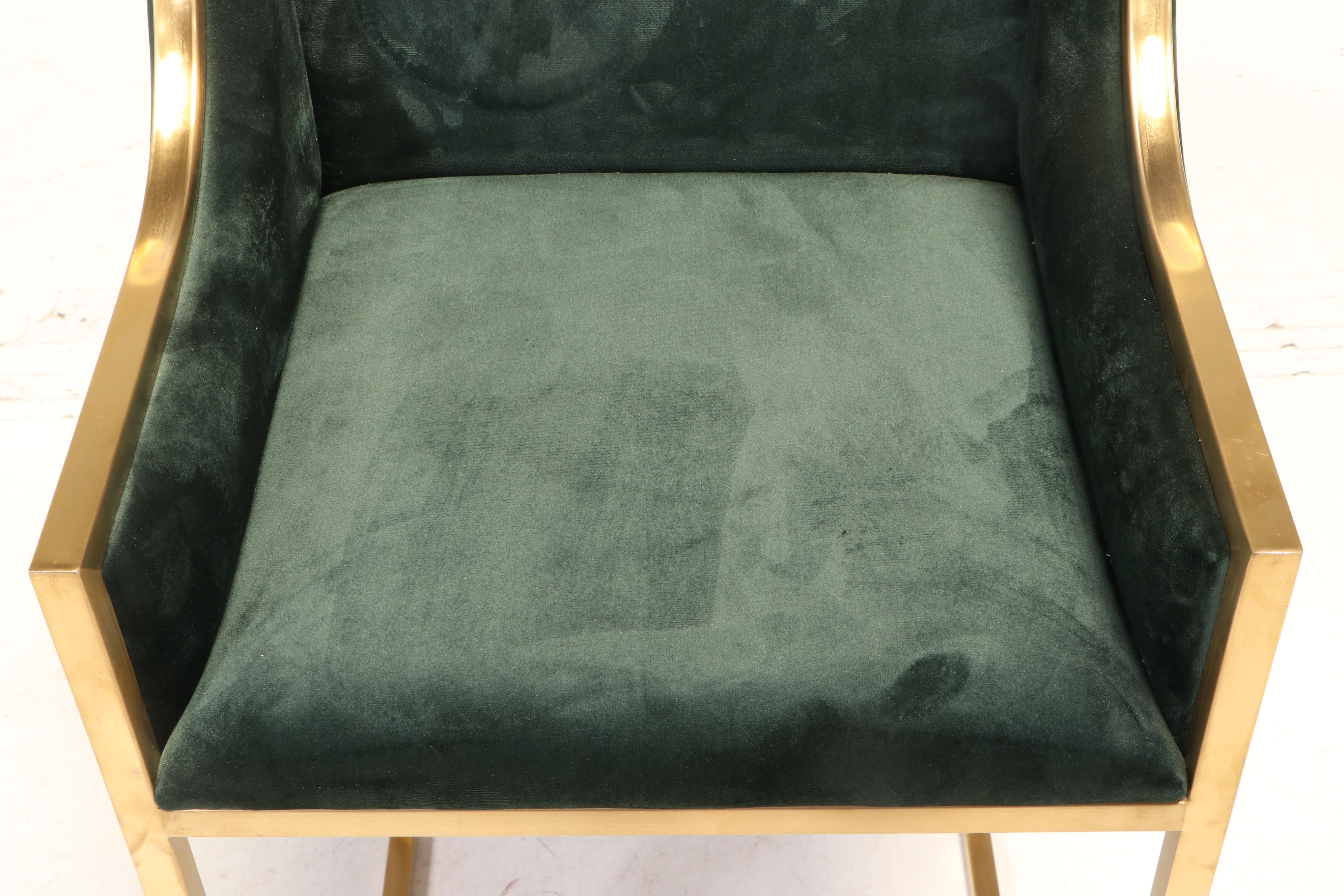 Four Brass and Emerald Green-Upholstered Counter-Height Bar Stools