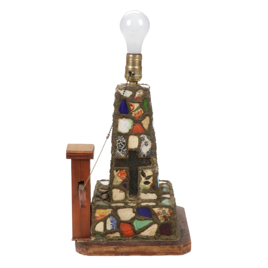Pique Assiette Folk Art Mosaic Table Lamp, Mid-20th Century