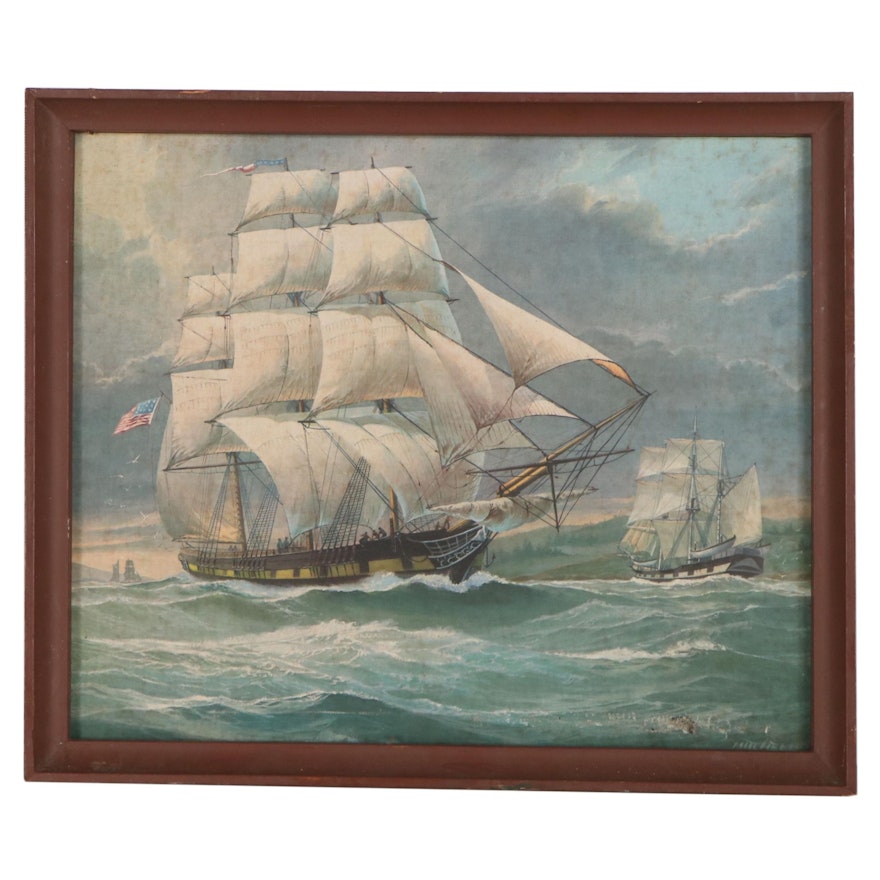 Offset Lithograph After James E. Mitchell of Ships at Sea, Late 20th Century