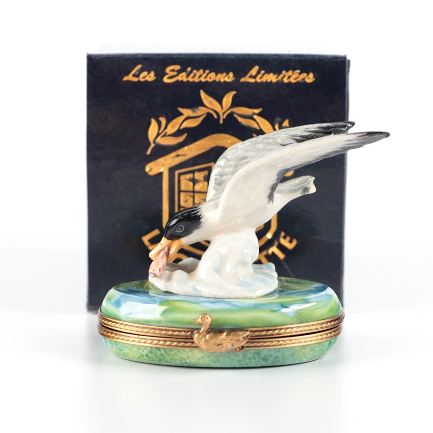 La Gloriette Seagull Catching Fish Porcelain Limoges Box