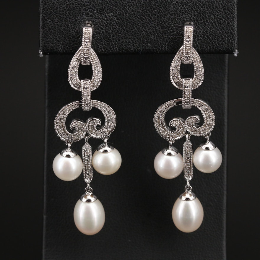 Sterling Pearl and Diamond Girandole Earrings with Milgrain Accents