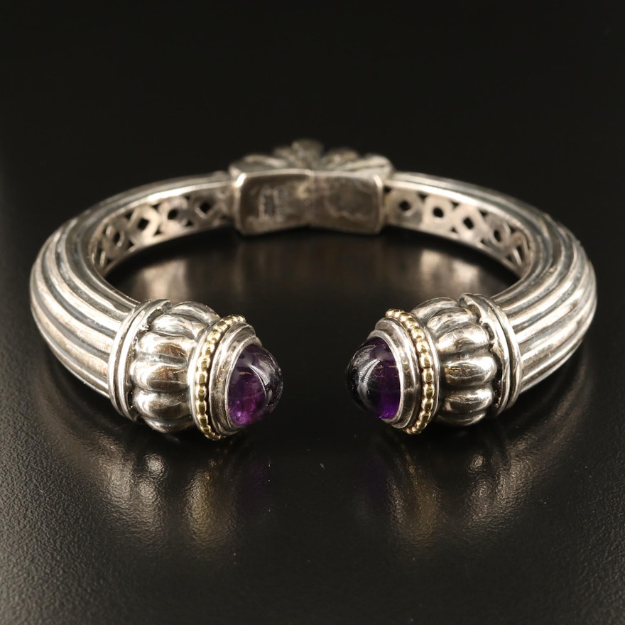 Lagos Caviar Sterling Amethyst Hinged Bracelet with 18K Accents