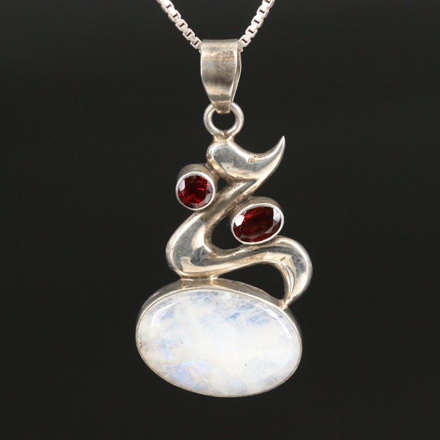 Sterling Moonstone and Garnet Pendant Necklace