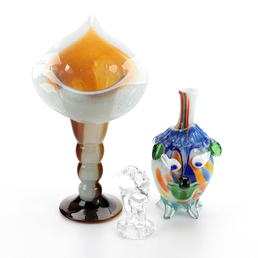 Blown Art Glass Clown with Jack-in-the-Pulpit Vase and Other Sculptures