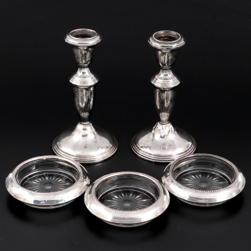 Woodward & Lothrop Weighted Sterling Silver Candlesticks with Coasters