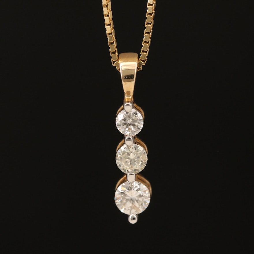 14K Diamond Three Stone Pendant Necklace