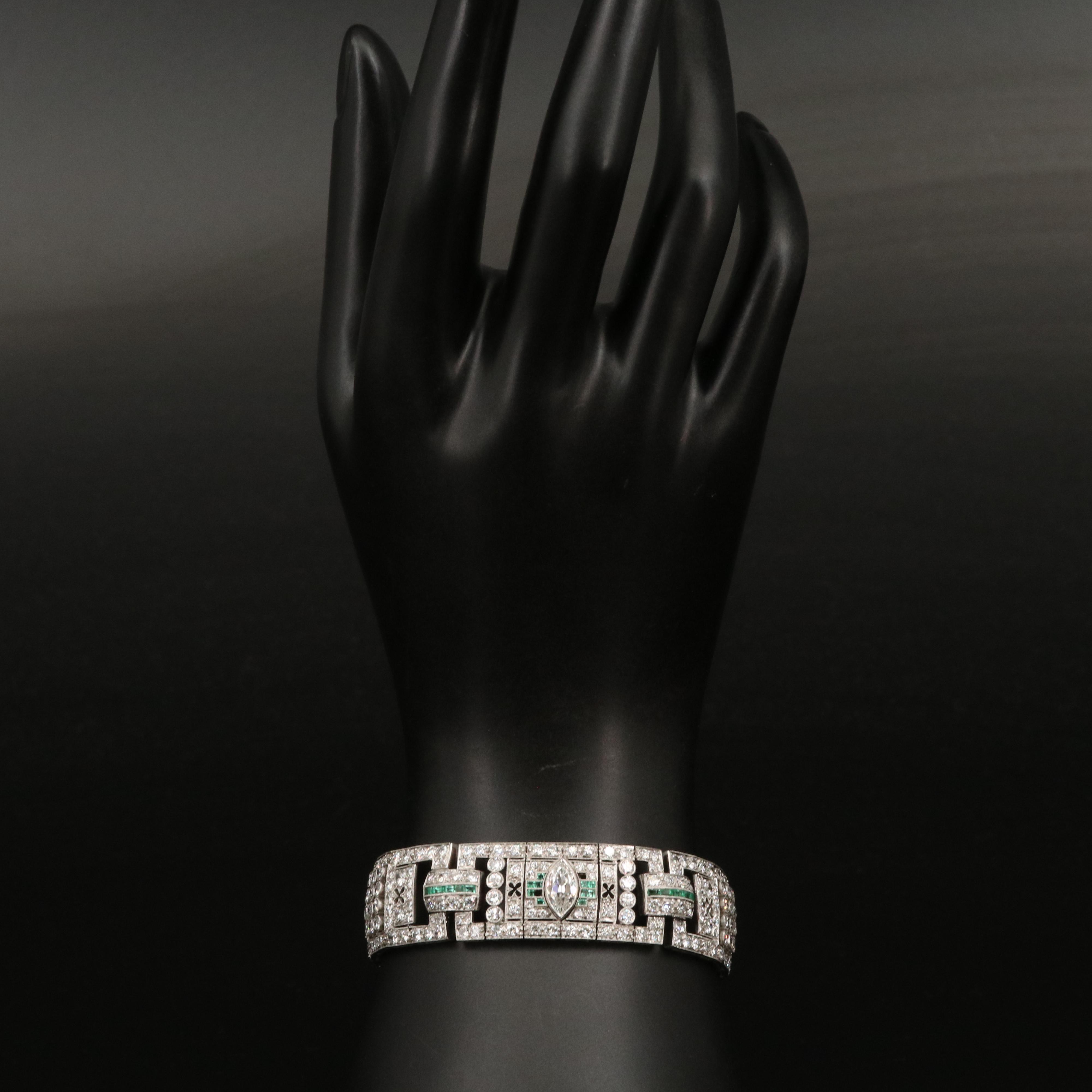 Art Deco Platinum 14.88 CTW Diamond and Emerald Bracelet