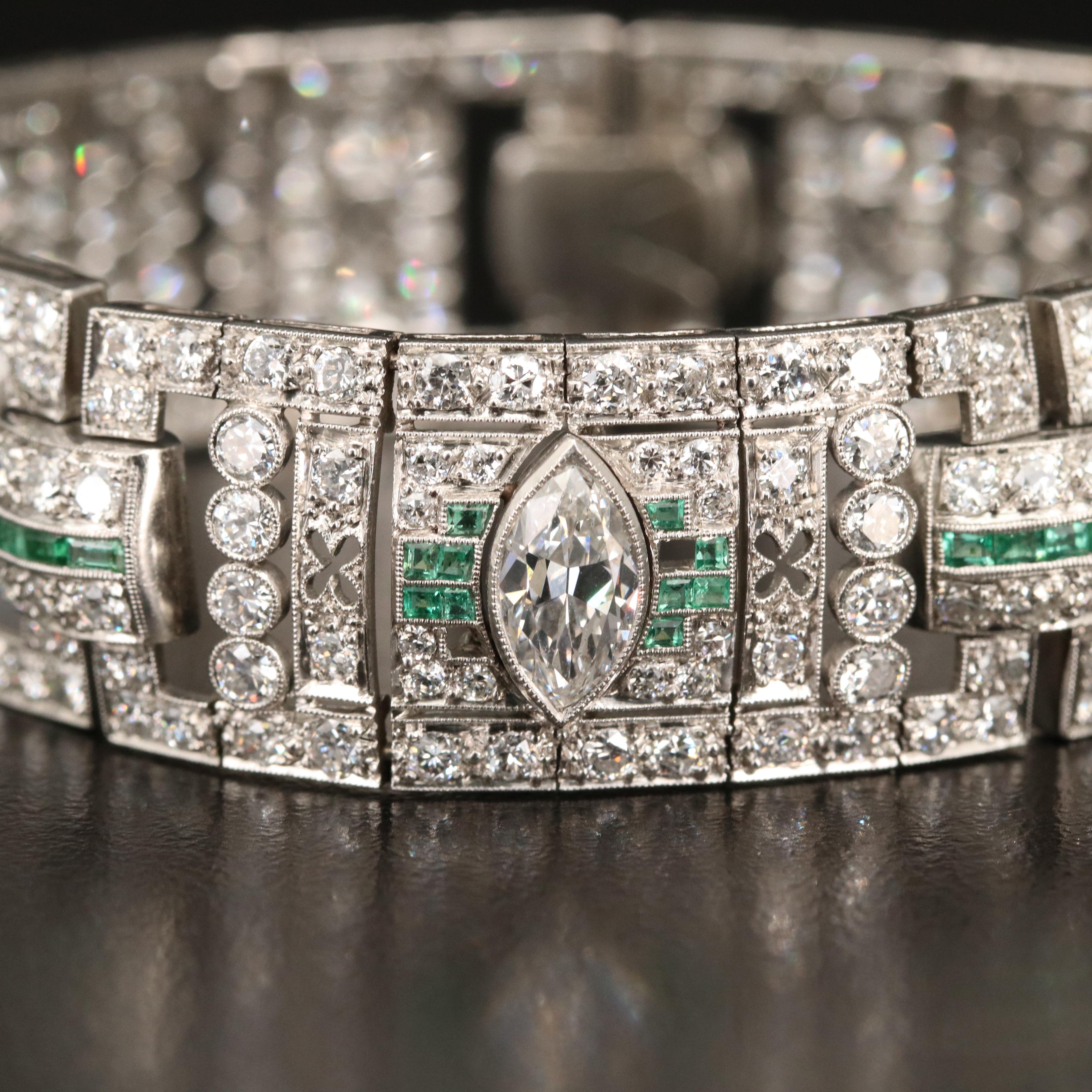 Art Deco Platinum 14.88 CTW Diamond and Emerald Bracelet