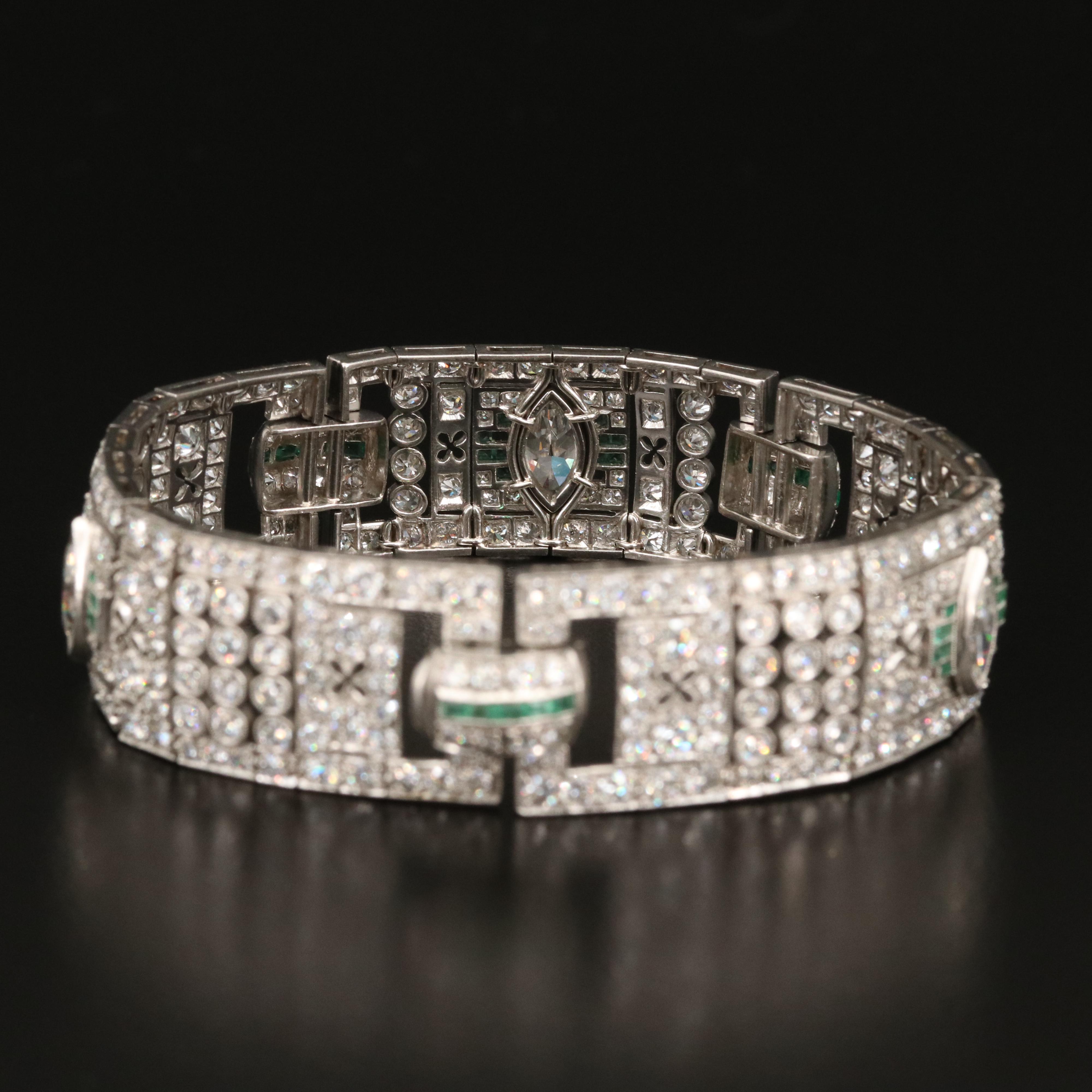Art Deco Platinum 14.88 CTW Diamond and Emerald Bracelet