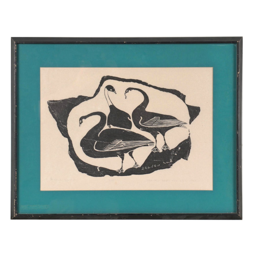 Juanisialu Irqumia Inuit Stonecut "Swans," 1964