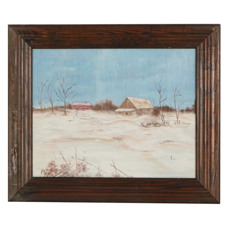 Winter Landscape Oil Painting of Cabin, 1977