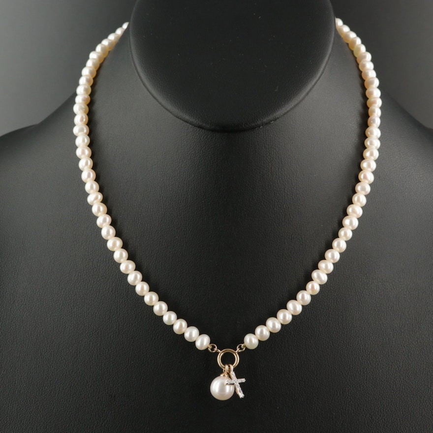 14K Pearl and Diamond Cross and Drop Necklace