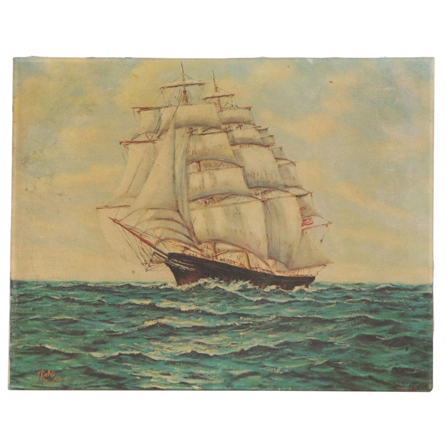 Embellished Offset Lithograph After Julian Links of Ship at Sea