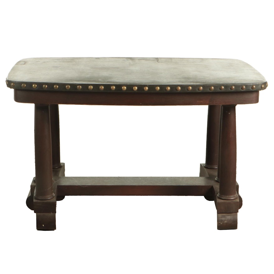 Empire Revival Oak and Leather Top Trestle Table with Nail Tack Detailing