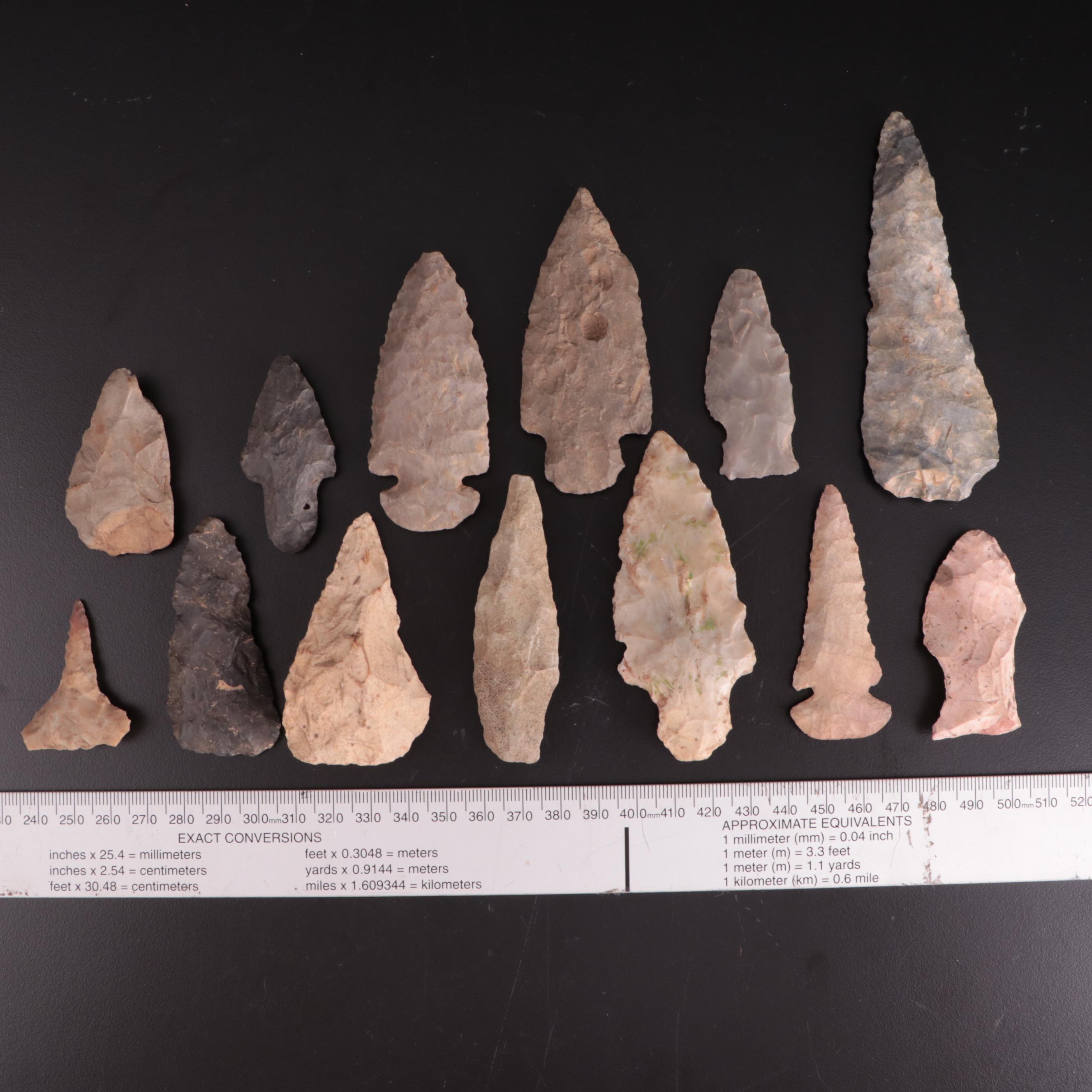 13 Native American Projectile Points, Preforms, and Drill