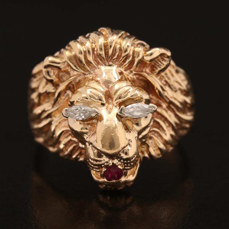 Vintage 14K Diamond and Ruby Lion Head Ring