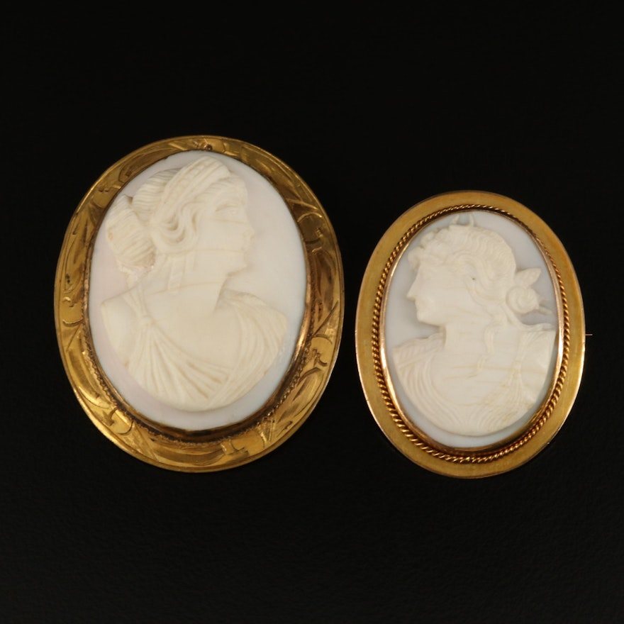 Victorian 10K Cameo Brooches with Diana Goddess of the Hunt