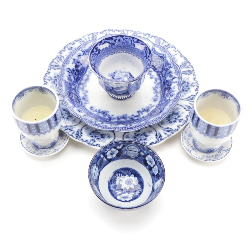 English Flow Blue Porcelain Dinnerware and Table Accessories