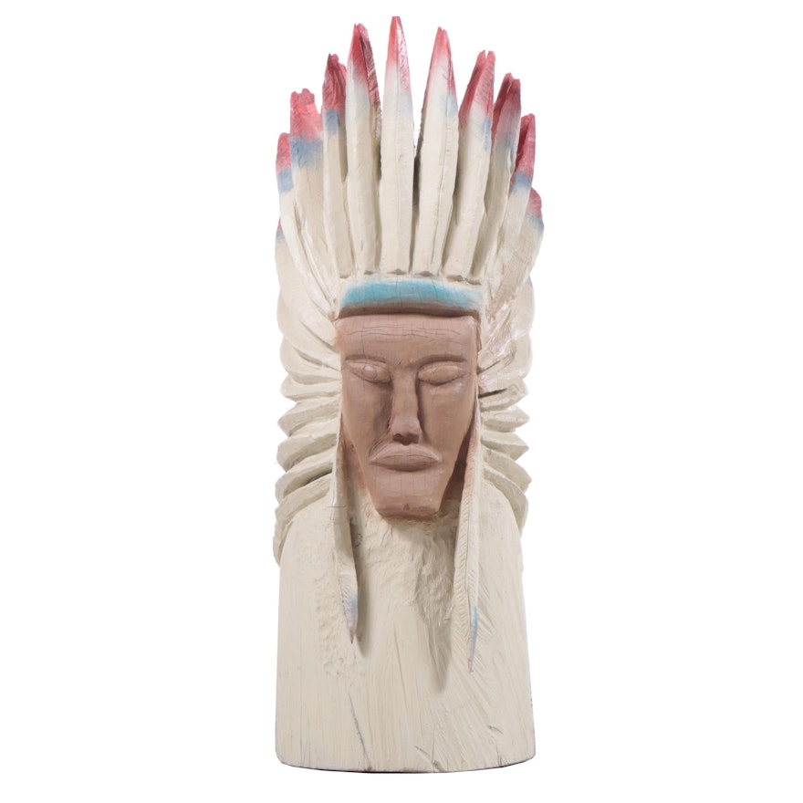Folk Art Carved Wood Figural Native American Head Sculpture