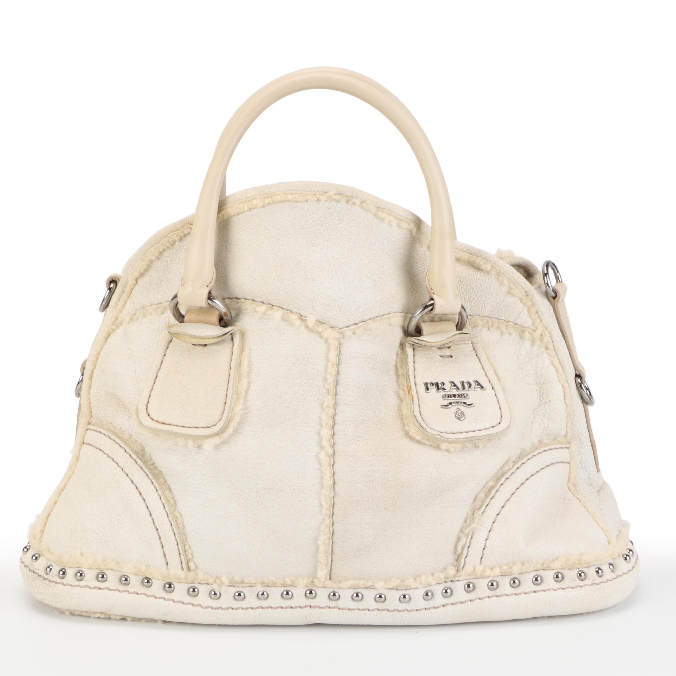 Prada Convertible Domed Bag in White Shearling with Round Stud Embellishments