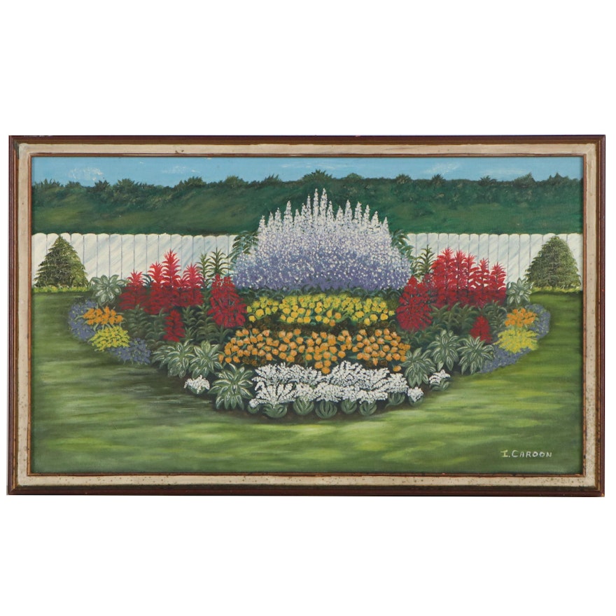 Landscape Oil Painting "Backyard Floral Arrangement," Late 20th Century