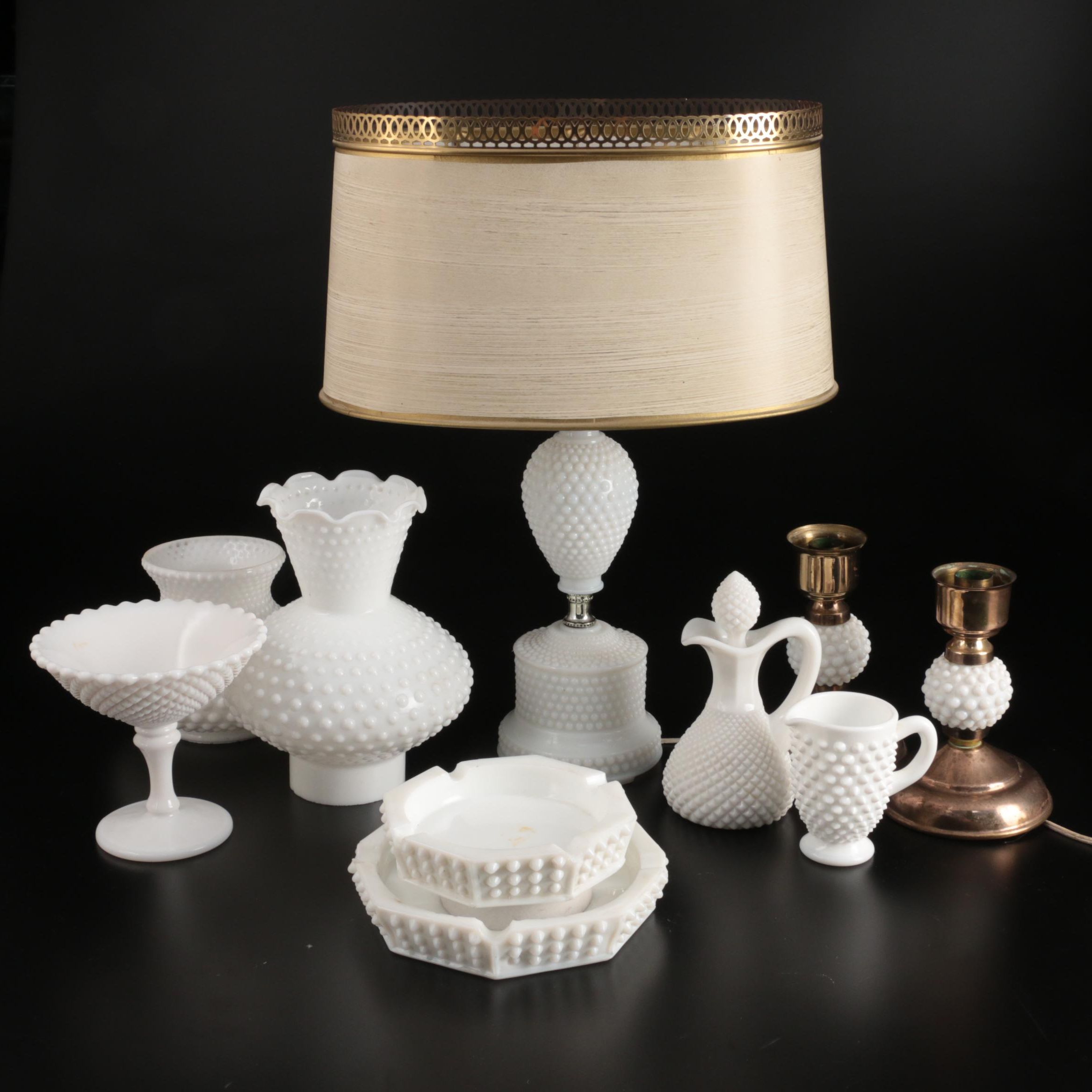 Vintage Milk Glass Hobnail Table Lamp, Lamp Shades and Table Accessories