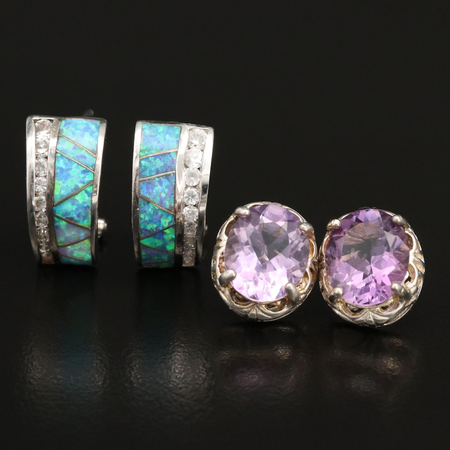 Sterling Amethyst, Labradorite, Opal and Cubic Zirconia Earrings