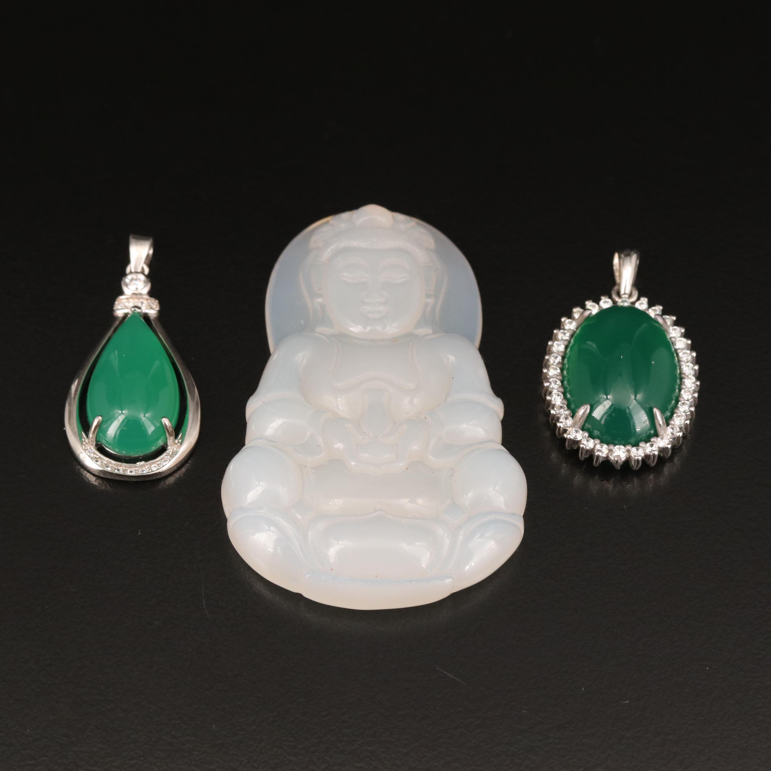 Sterling Chalcedony Pendants and Carved Buddha