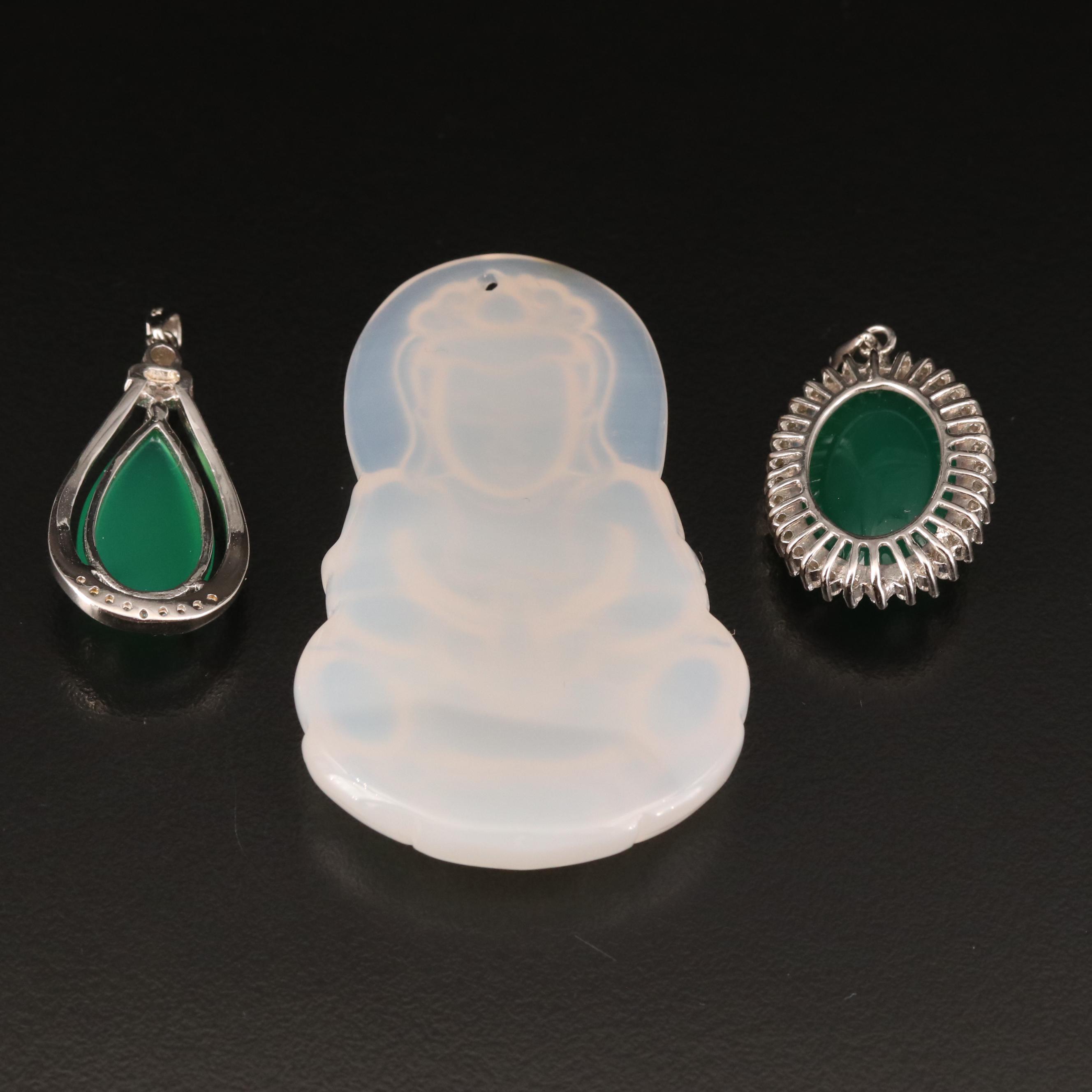 Sterling Chalcedony Pendants and Carved Buddha