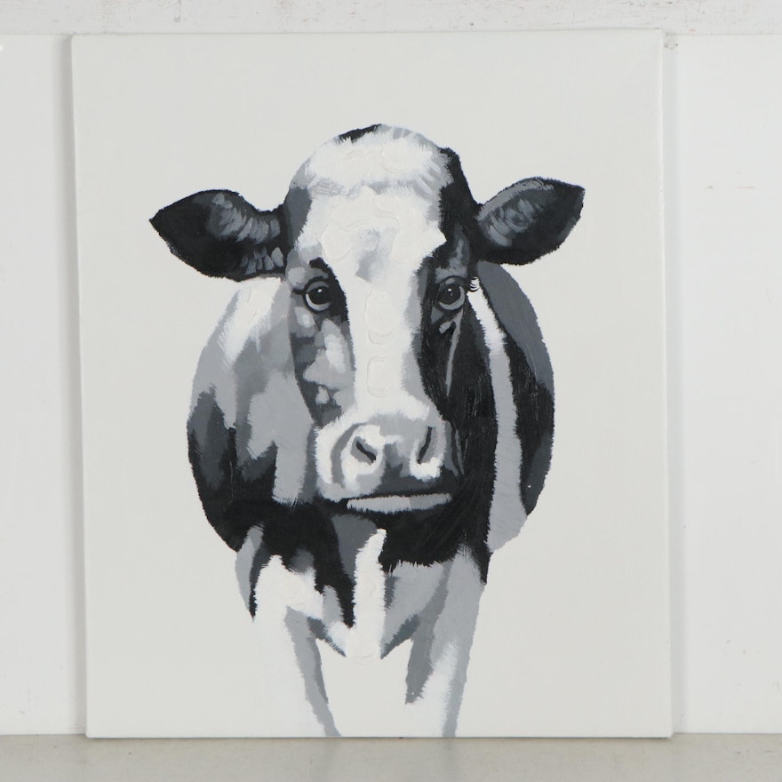 Acrylic Painting Over Giclée of Cow, 21st Century