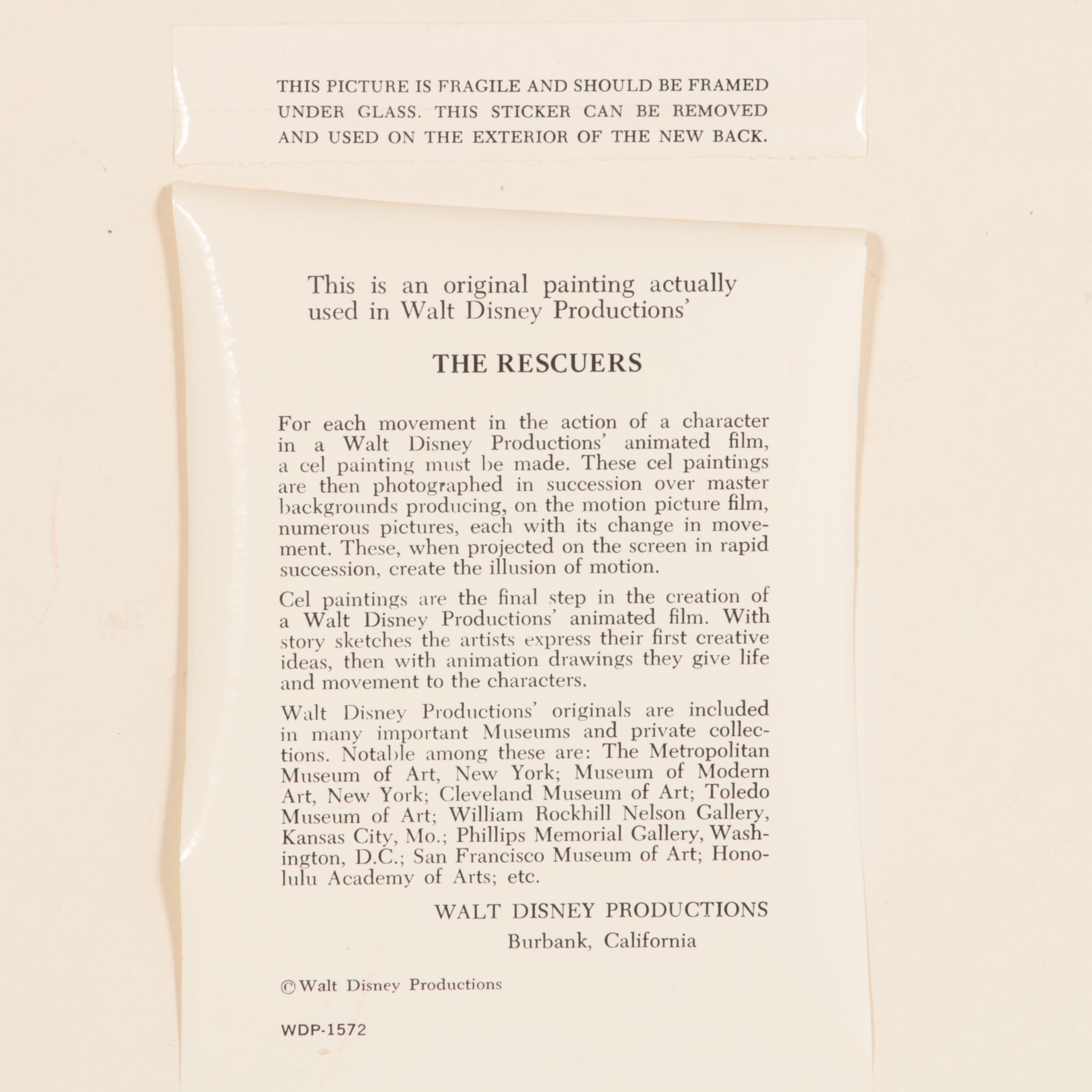 Disney "The Rescuers" Production Cel and Disneyland Storyteller Record, 1977