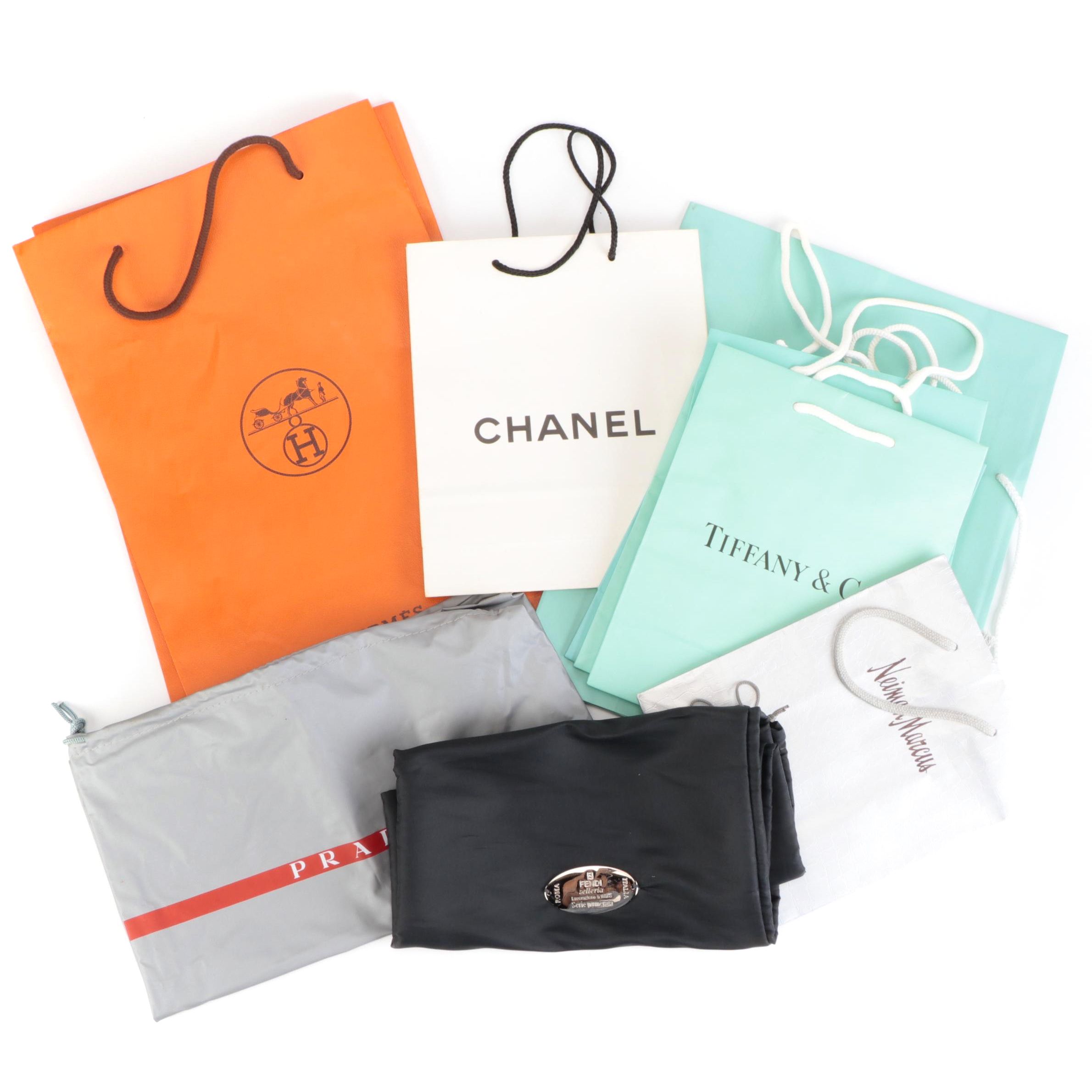 Fendi and Prada Dust Bags with Hermès, Chanel and Other Shopping Bags
