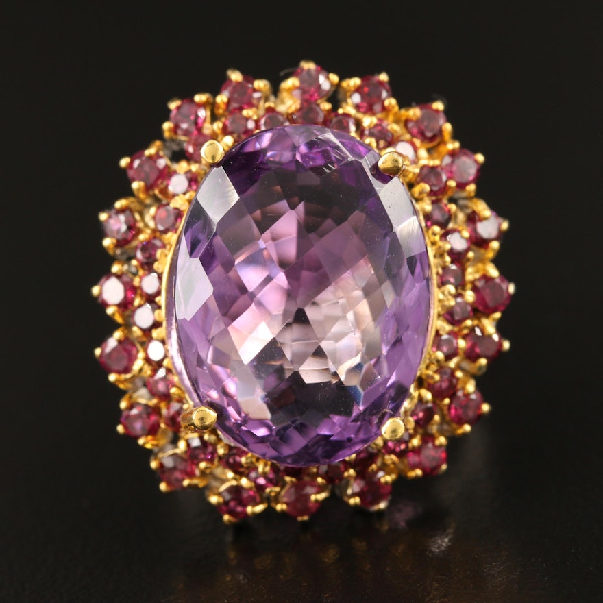 Sterling Amethyst and Garnet Double Halo Ring